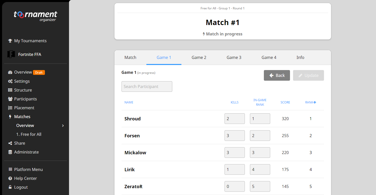 all you have to do is enter the rank kills of each participant during or at the end of the match the system will do the rest and calcualte their points - fortnite tournament bracket today