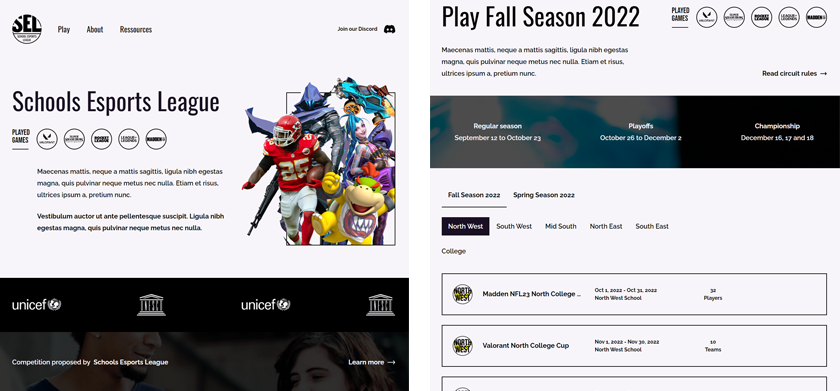 View of a high school esports league website created with Toornament website builder tool.
