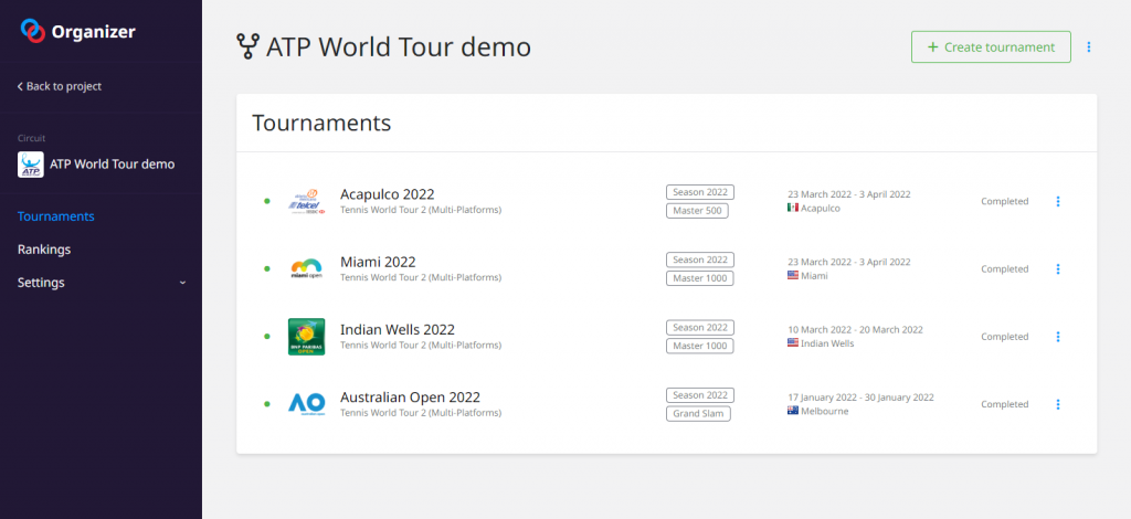 View of a list of tournaments from the Toornament organizer dashboard