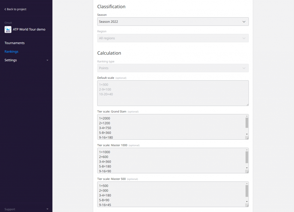 View of the ranking system settings from the Toornament organizer dashboard