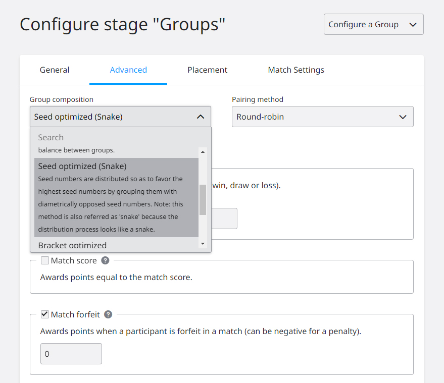 View of a stage configuration page with seeding method choice opened