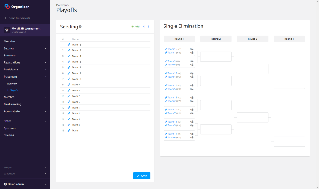 Participants placement interface into the tournament structure 